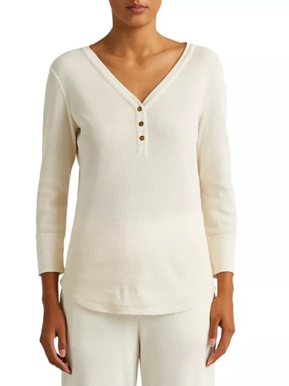 Lauren Ralph Lauren Waffle Knit Henley Top 3/4 sleeve